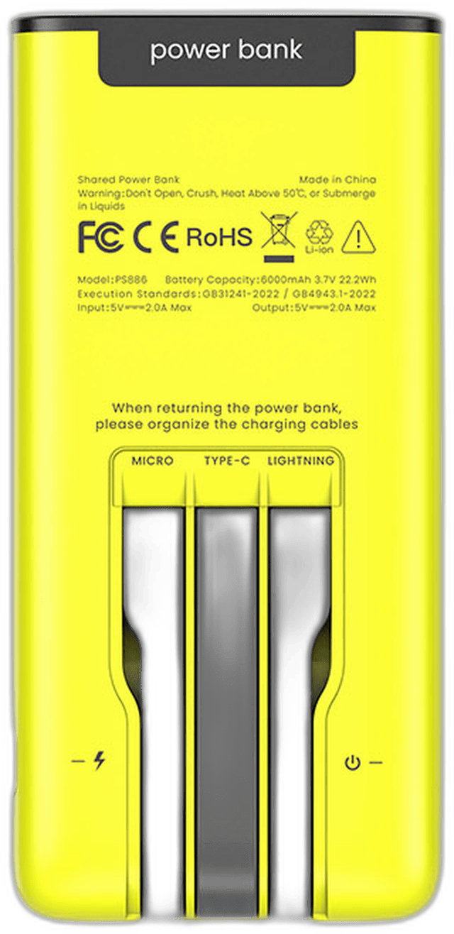 OBLit power bank, back, showing the three built-in cables