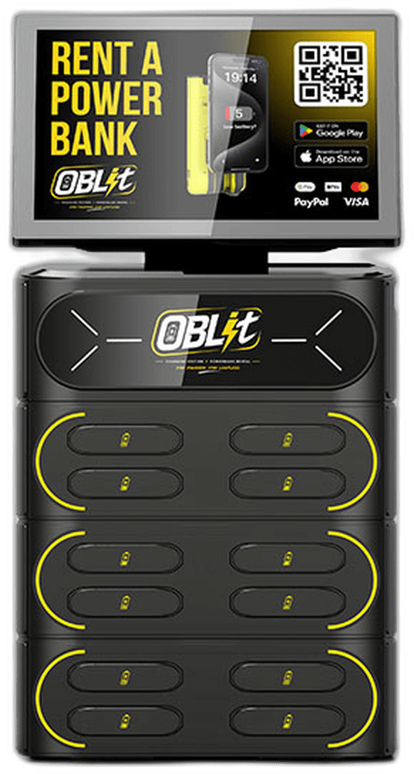 OBLit twelve-slot charging station with advertising screen
